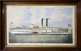 Currier & Ives American Colored Lithograph Portrait of the Sidewheeler Drew "People's Line Hudson River"