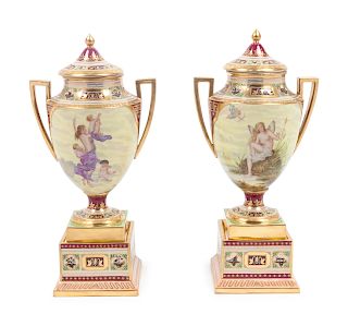 A Pair of Royal Vienna Porcelain Urns
Height 17 1/2 inches.