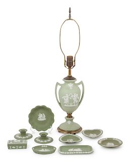 A Group of Sixteen Wedgwood Jasperware ArticlesHeight of lamp 26 inches.