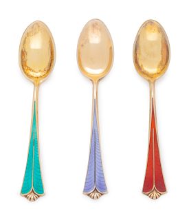 A Set of Twelve Norwegian Silver and Enamel Demitasse Spoons 
David-Andersen, Oslo
each with enamel handle, varying colors.