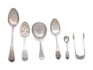 A Group of English and Scottish Silver Serving Articles
Various Makers
comprising:2 berry spoonsa large serving spoona tablespoona set of sugar tongsa