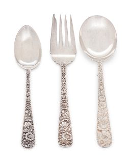 An American Silver Partial Flatware Service
Kirk-Stieff Co., Baltimore, MD, 20th Century
in the Repousse pattern, comprising:4 dinner knives with blun
