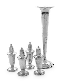 A Group of Five American Silver Articles
Various Makers
comprising one weighted trumpet vase and two sets of weighted casters.