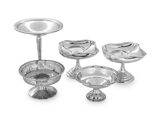 A Group of Five American Silver Compotes
Various Makers
of varying height and design, two weighted.
