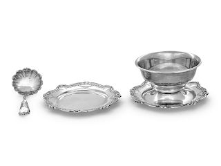An American Silver Gravy Bowl and Articles
Gorham Mfg. Co., Providence, RI
comprising a bowl with attached underplate, ladle and plate, 3 items total.