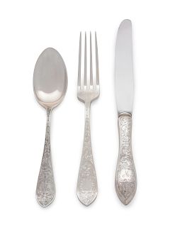 A Canadian Silver Flatware Service for Eight
Henry Birks & Sons, Montreal, Quebec
Tudor Scroll pattern, comprising:12 dinner knives with stainless ste