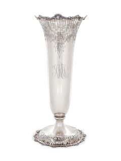 An American Silver Trumpet Vase
The Sweetser Co., New York, NY, Early 20th Century
with reticulated mouth and foot, engraved on body.