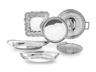 A Group of Six American Silver Articles
Various Makers
comprising two oval trays, a square platter, a pierced and handled platter, a pierced basket, a
