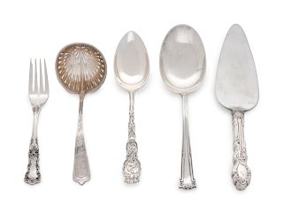 An Assembled Group of Silver Flatware Articles
Various Makers, mainly American
comprising a variety of serving pieces and utensils, 94 items total.