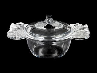 A Lalique Molded and Frosted Glass Lidded Dish
Width 8 inches.