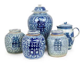 An Assembled Group of Chinese Blue and White Porcelain Articles
Height of tallest 16 1/2 inches.