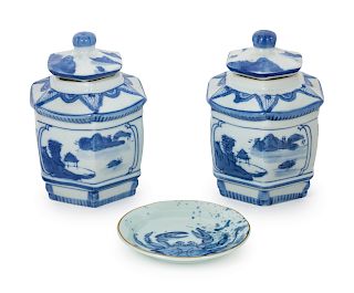 A Pair of Modern Chinese Porcelain Lidded Jars
Height of first 6 1/2 inches. 