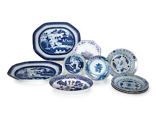 An Assembled Group of Chinese Blue and White Porcelain Plates and Low BowlsWidth of widest 15 inches.