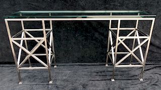MID CENTURY BRUSHED STEEL GLASS TOP CONSOLE TABLE