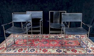 SET 4 KEVIN WALZ LEATHER & IRON ARM CHAIRS