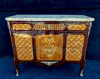 LATE 19TH C. LOUIS XVI STYLE MARQUETRY & PARQUETRY MARBLE TOP FRENCH COMMODE
