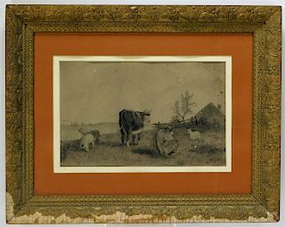 19C W Taylor Pastoral Cattle Farm Charcoal Drawing