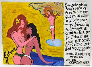 Mexican Religious Retablo Painting of Nude Women