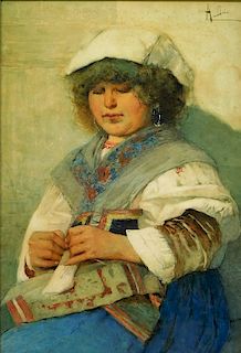 Augusto Daini Sewing Woman Watercolor Portrait