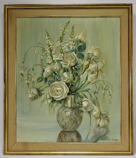 Janet Judge Greenleaf White Rose O/C Painting