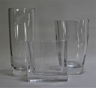 3PC Orrefors Figural Etched Crystal Glass Vases