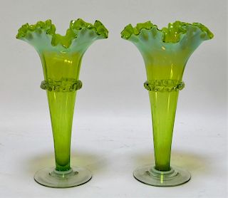 PR American Ruffled Vaseline Art Glass Vases
