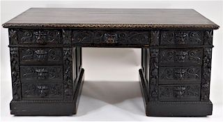 English Renaissance Revival Carved Oak Desk