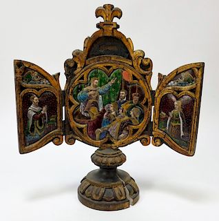 17C. French Limoges Enameled Copper Wood Triptych