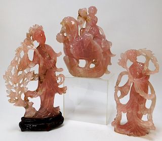 3PC Chinese Rose Quartz Figural Carved Statues