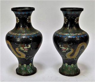 PR Chinese Cloisonne Enamel Opposing Dragon Vases