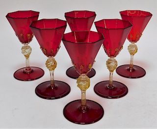 6 Italian Venetian Red Aventurine Wine Glasses