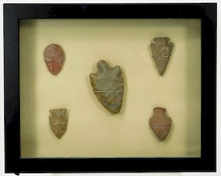 5 Native American Framed Arrow Head Artifact Group