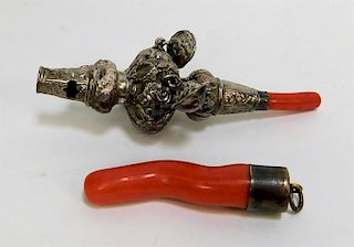 2PC Chinese Qing Silver Coral Whistle and Teether