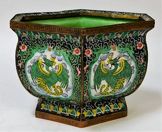 Chinese Enameled Copper Floral Crane Phoenix Vase