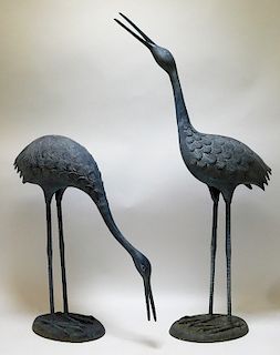 PR Antique Chinese Pewter Standing Crane Figures