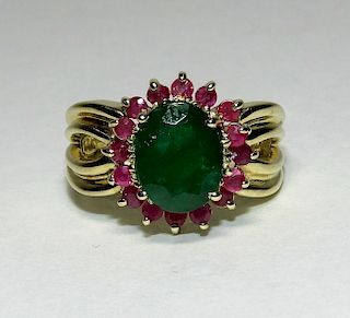 FINE Fancy 14K Yellow Gold Emerald & Ruby Ring