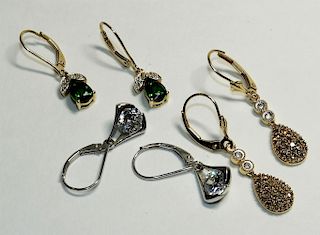 3 14K Gold Emerald Diamond Zirconia Earrings