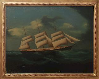 "Clipper Ship at Full Sail" Oil on Canvas, 19th C.