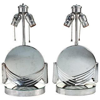 Art Deco Silver-Tone Mirrored Table Lamps, Pair