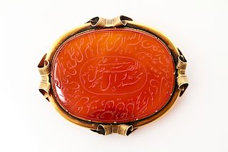 18K Gold & Carnelian Agate Inscribed Farsi Brooch