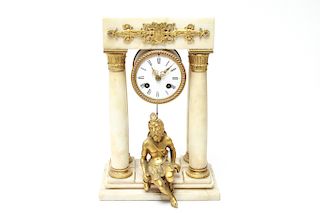 French Alabaster Gilt Bronze Portico Mantel Clock