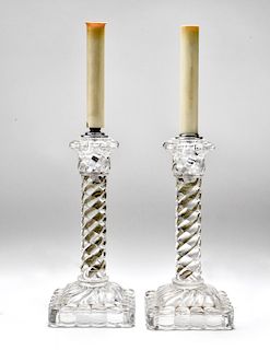 Baccarat Crystal Candlestick Table Lamps, Pair