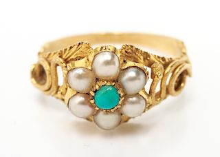 18K Gold Turquoise & Pearls Snake Motif Ring