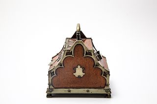 19th C. Brass Mounted Gothic Burlwood Caddy