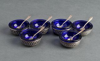 Sterling Silver & Cobalt Glass Salts w Spoons, 6