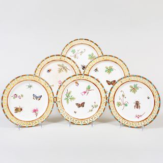 Set of Six Wedgwood Transfer Printed and Enriched Creamware Plates with Reticulated Rims