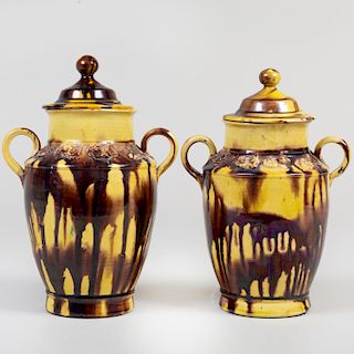 Pair of Continental Yellow Ground Brown Splashed Earthenware Vases and Covers
