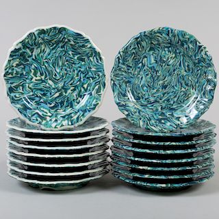 Two Sets of Eight Pascale Mestre Blue and Green Aptware Plates