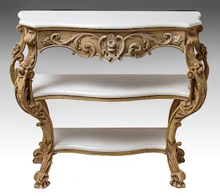 Baroque Manner Three-Tier Console w Marble Shelves