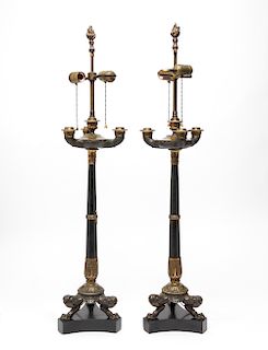 Neoclassical Candelabra Bronze & Marble Lamps Pair